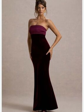 Club L London AMBROSI Port Velvet Bandeau Maxi Dress L